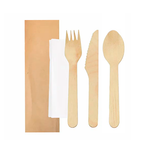 Cuchara, Tenedor y Cuchillo de Madera con Servilleta envasados ​​individualmente (100 Uds)